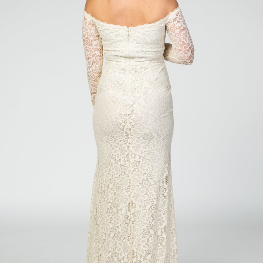 PinkBlush Beige Lace OffShoulder Long Sleeve Maternity Photoshoot or Bridal Gown - Picture 5 of 10